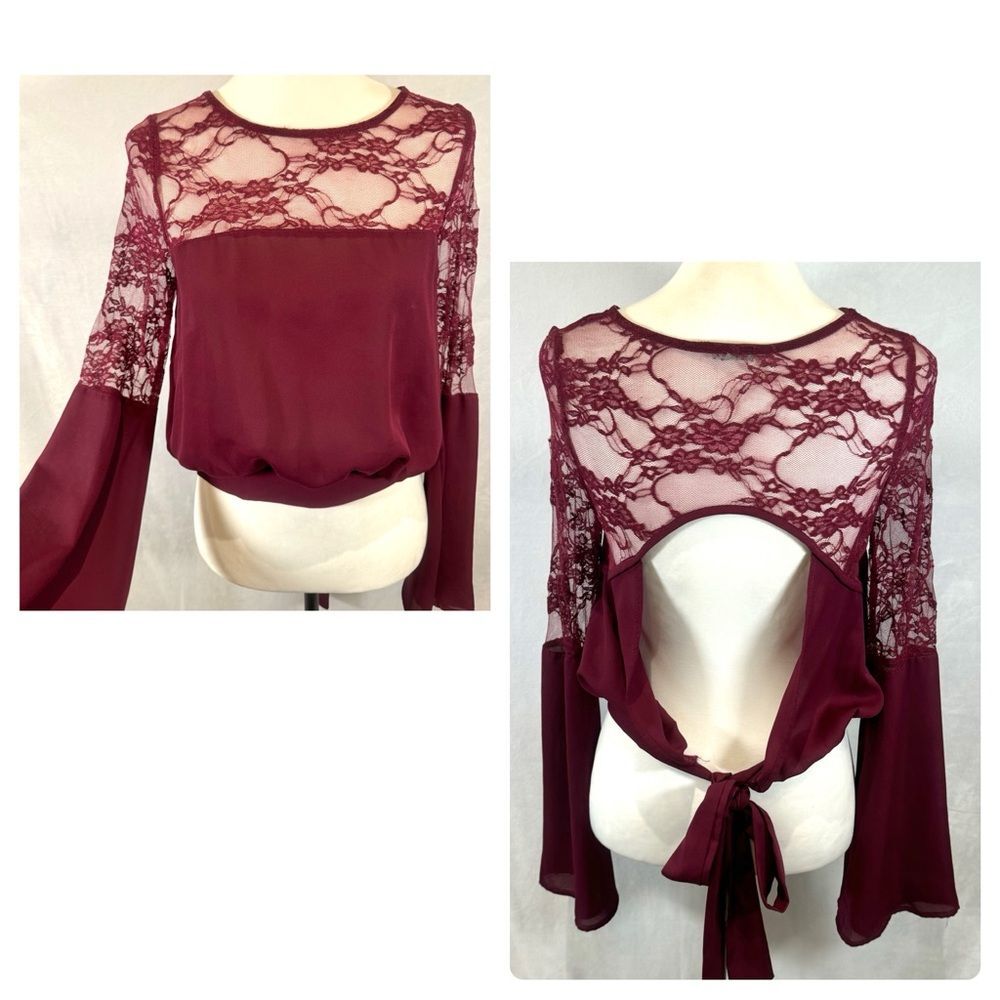 Burgundy wine long bell sleeve lace backless tie waist top size medium